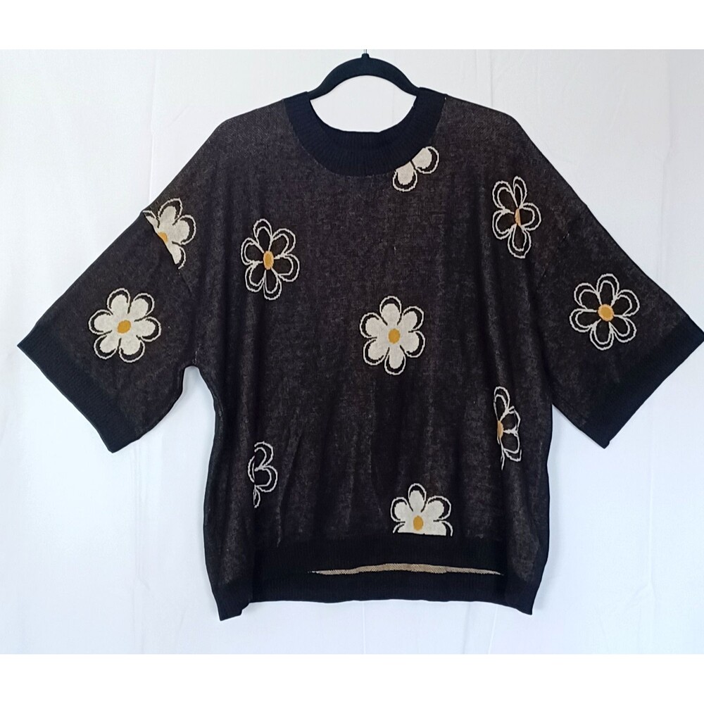Dokotoo Women's XL Black Floral Daisy Print Knit Sweatshirt Crewneck 100% Cotton